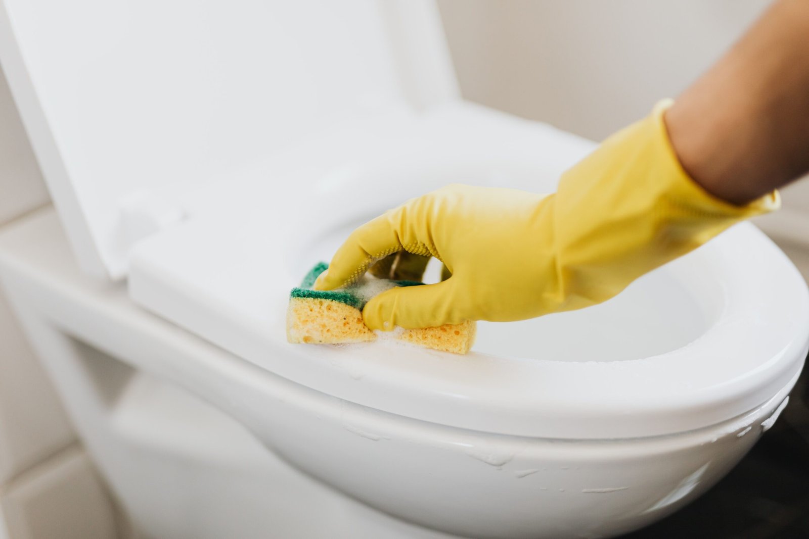 Cleaner scrubbing a bathroom basin